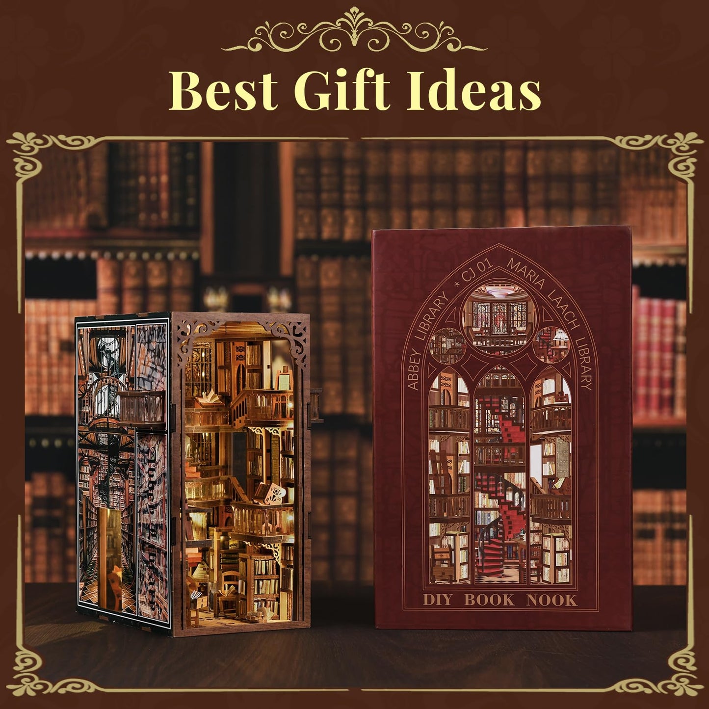 MiniCity Book Nook Kit, DIY Miniature Dollhouse Booknook Kit, 3D Wooden Puzzle Bookend Bookshelf Insert Decor with LED Light for Teens and Adults (Abbey Library)