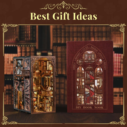 MiniCity Book Nook Kit, DIY Miniature Dollhouse Booknook Kit, 3D Wooden Puzzle Bookend Bookshelf Insert Decor with LED Light for Teens and Adults (Abbey Library)