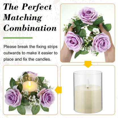 Yunlly 32 Pcs Rose Candle Rings with Flameless Candles Sets, Artificial Flower Eucalyptus Wedding Centerpiece 3 Inch Pillar Candleholders Wreaths for Wedding Party Mother's Day (Purple)