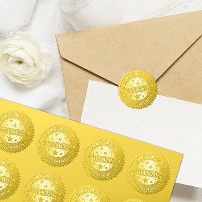 CRASPIRE 408Pcs Awesome Accomplishment Gold Foil Embossed Stickers 2" Planet Self Adhesive Envelopes Seals Round Labels for Wedding Invitation Corporation Graduation Certificates Diplomas Gift Award