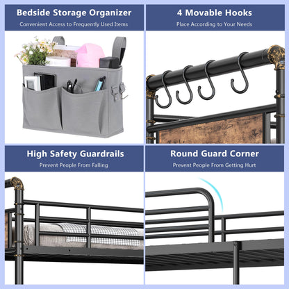 Jocoevol Metal LED Bunk Bed Twin Over Twin with 2 Storage Drawers, USB Charging Station, Industrial Bunkbeds Heavy Duty Bed with Safety Guardrail and Ladder, No Box Spring Needed, Vintage Brown
