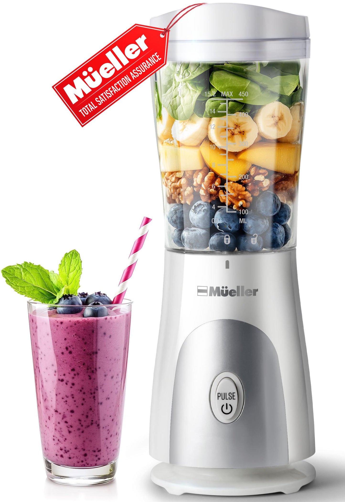 Mueller Smoothie Blender for Smoothies - Personal Blender for Shakes, Frozen Drinks, Baby Food & More, 15oz Travel Cup and Lid, Durable Stainless Steel Blades for Powerful Blending Performance, Black