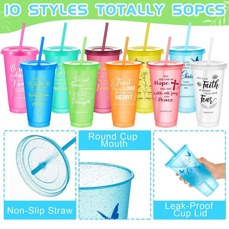 Uiifan 50 Pcs Christian Gifts Cups Bulk for Women, 24oz Bible Verse Christian Tumblers with Lids and Straw, Religious Church Gifts for Mother's Day (Bright Color,Bible)