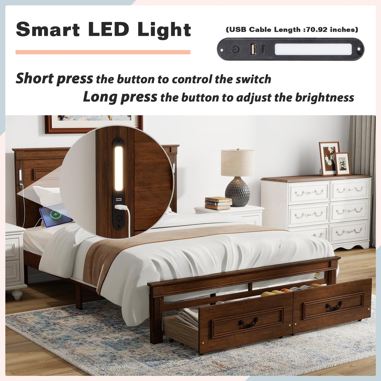 KEIKI Queen Size Farmhouse Bed Frame with 2 Storage Drawers & LED Lights & USB-C Charging Ports, Solid Wood Platform Bed with Tall Panel Headboard & Footboard, No Box Spring Needed, Walnut