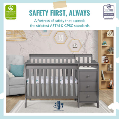 Dream On Me Jayden 4‑in‑1 Mini Convertible Baby Crib & Changer with Storage, Steel Grey, Pinewood, GreenGuard Gold & JPMA, 1” Mattress Pad, 3 Mattress Heights, Converts to Mini Day & Twin-Size Bed