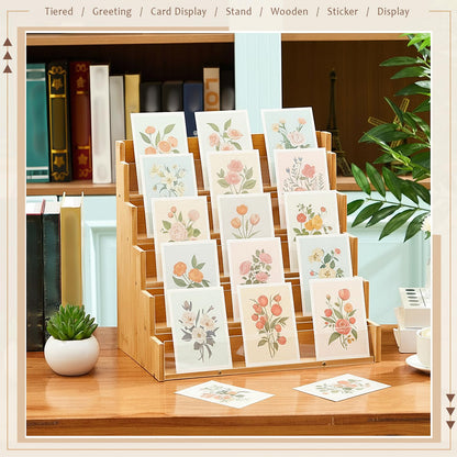 Yuntau 5 Tier Greeting Card Display Stand Wood Color Bamboo and Acrylic Sticker Display Stand Trading Card Holder Retail Photos Shelf for Vendors Craft Collection & Show