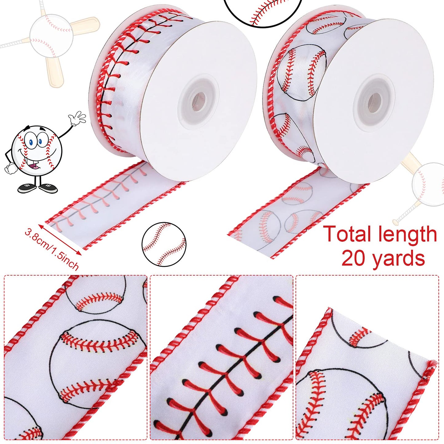2 Rolls 20 Yards Baseball Ribbons Red White Wired Edge Fabric Ribbons 1.5 Inch Sport Stitching Satin Wired Ribbon for Present Wrapping DIY Crafts Decoration