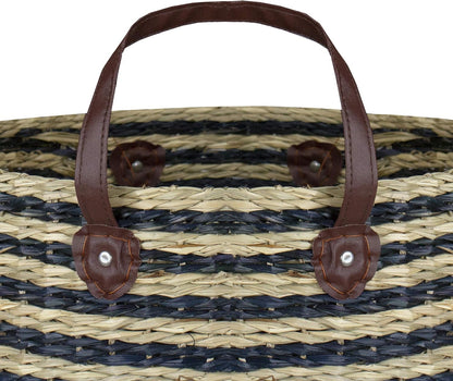 Skiennix 15" Beige & Black Woven Seagrass Basket - Stylish Storage Solution with Handles