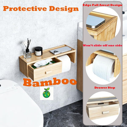 Bamboo Toilet Paper Holder with Shelf,Wall Mount Bathroom Holder with Wet Wipes Storage Drawer(Natural)