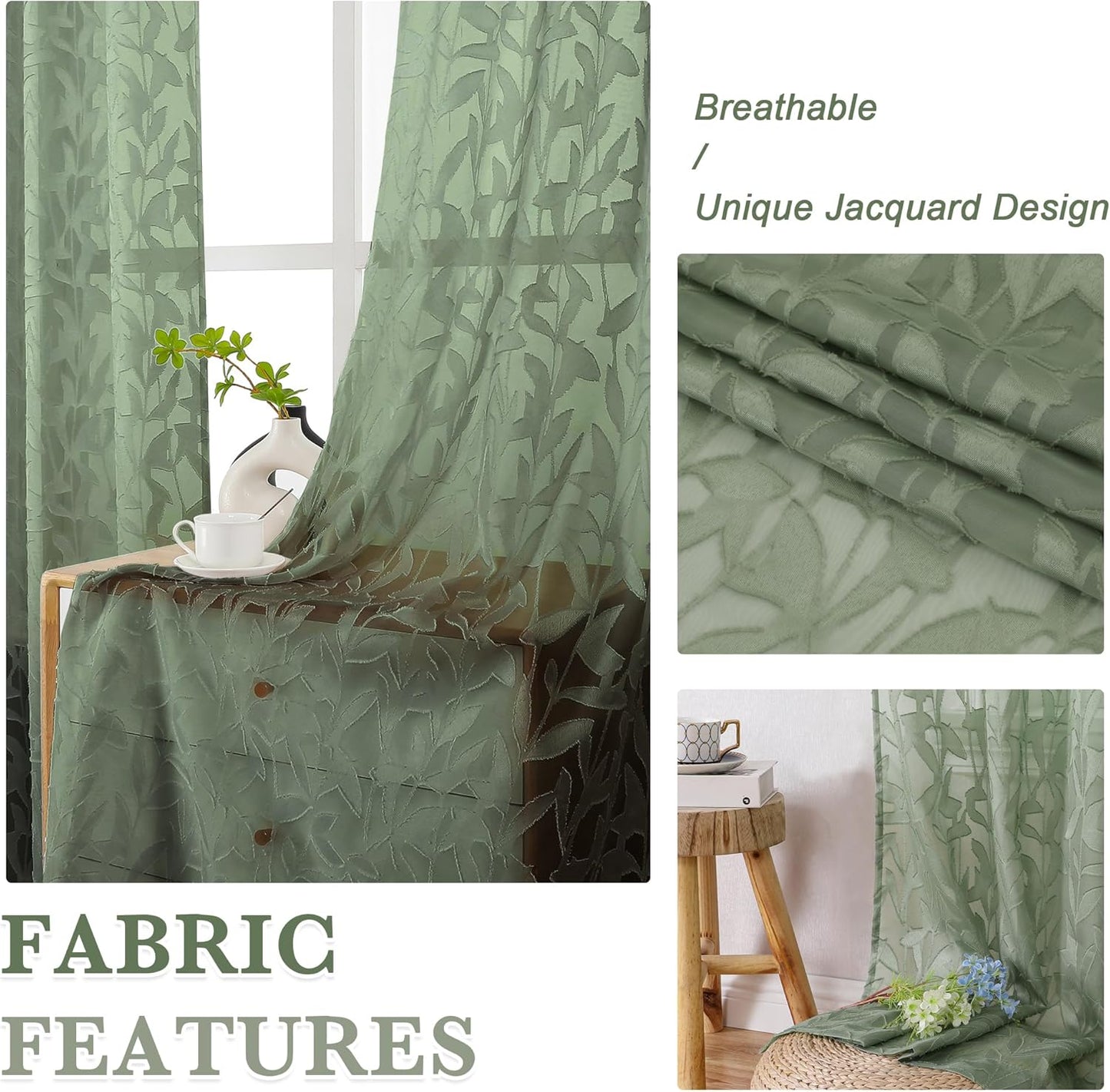 Leia 72 Inch Sheer Curtains Sage Green Panels Set of 2, Double Rod Pocket Window Living Room Curtain with Leaves, Light