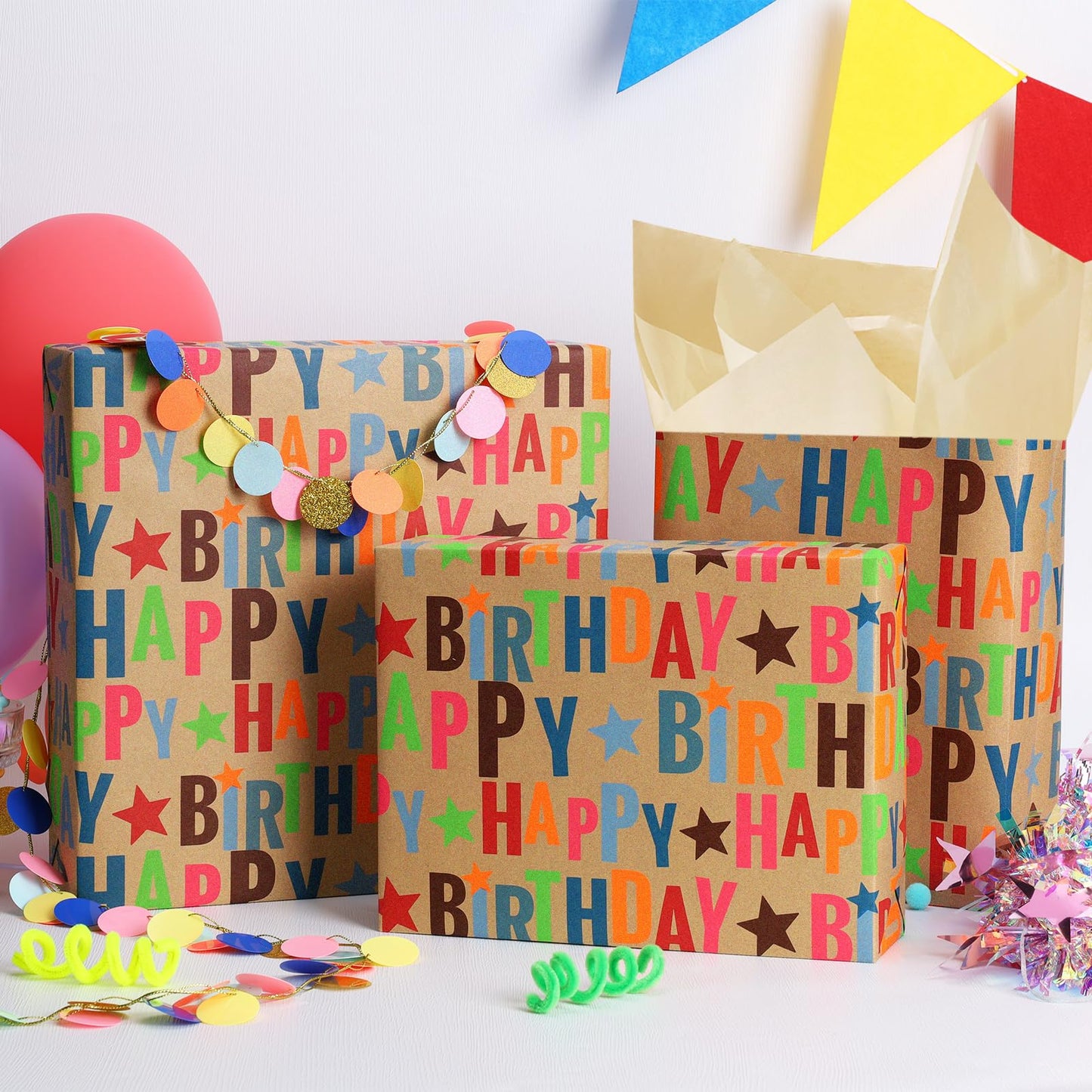 BIOBROWN Kraft Wrapping Paper Roll Colorful Text Happy Birthday Design Perfect for Birthday Holiday Wrap 17 inch X 33 feet