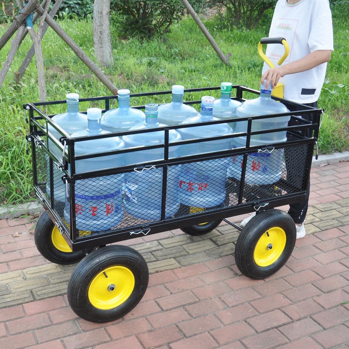 Heavy-Duty Iron Garden Cart Wagon with 1100 lbs Capacity, 15 inch Pneumatic Tires for Firewood, Debris & Outdoor Tasks - 55" L x 24" W x 46.8" H,Yellow & Black