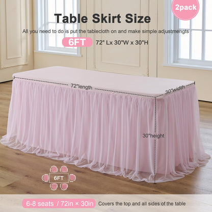 familus Pink Table Cloths 6 Foot Rectangle 2 Pack Stretch Ruffle Tulle Tablecloth Spandex Fitted Table Cover for 6 Foot Tulle Table Skirts for Party Wedding Table Cloths, Banquets