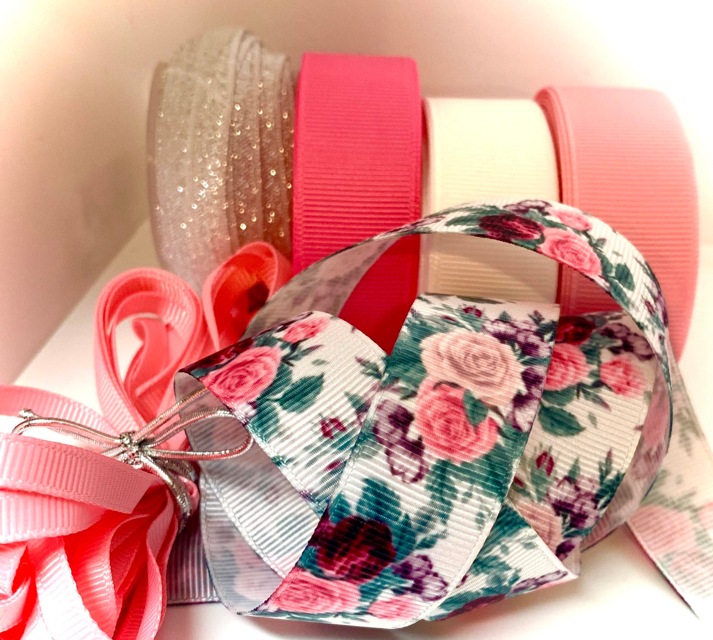 Pretty in Pink - 28 Yd Spring Bundle Pack. Includes 25 Yds of Premium Ribbon (5 Yds Each Style) Also 3 Yards Silver Metallic Elastic Bonus. Great for Hair Bows, Sewing & Crafting!