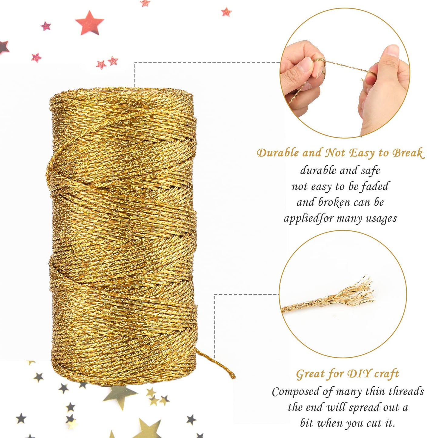 jijAcraft 656 Feet Gold String Twine - 1.5mm Metallic Ornament Thread Gift Wrapping - Inelastic Macrame Glitter Twine Cord for Gift Wrapping, DIY Crafts, Bracelets