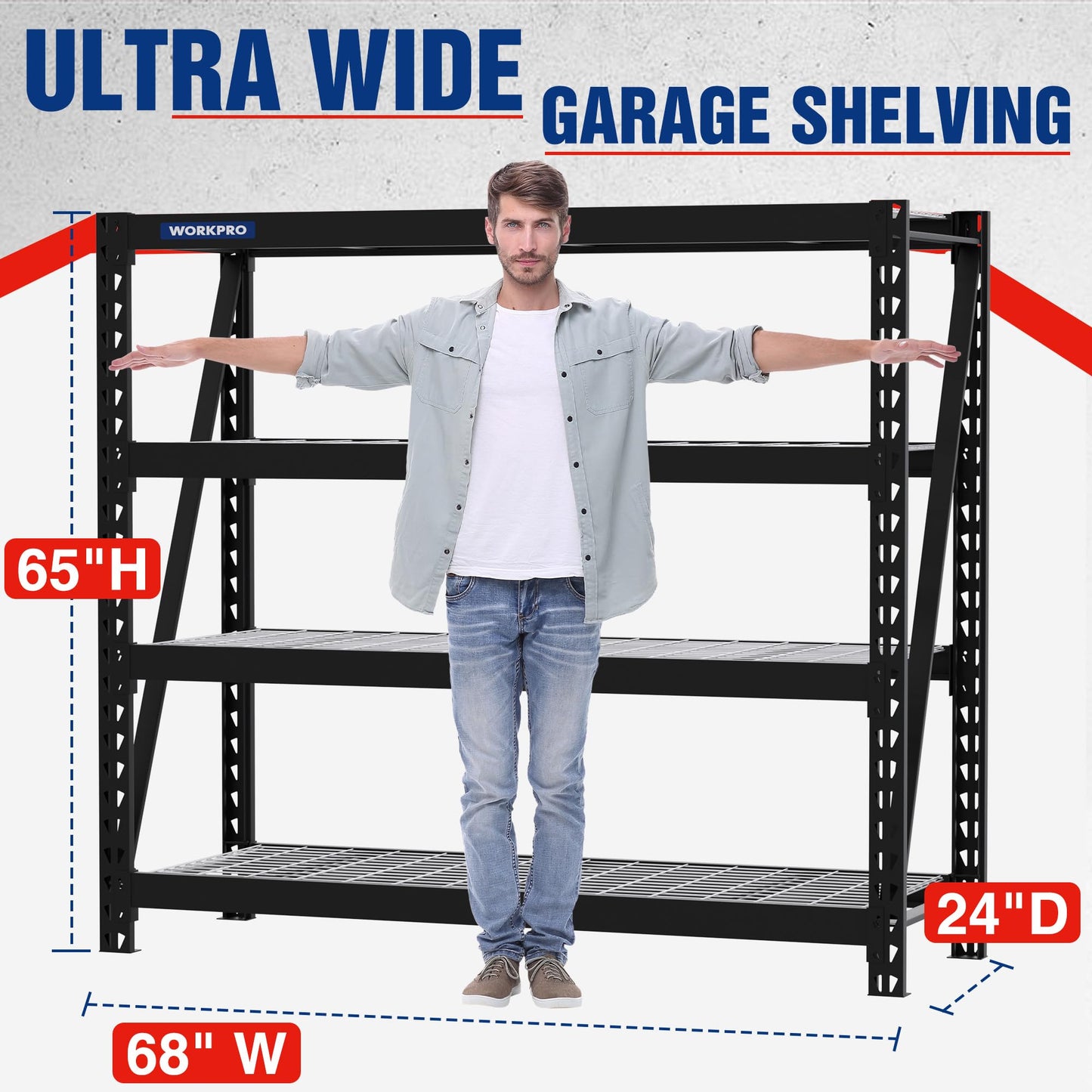 WORKPRO Garage Shelving, 68"W x 24"D x 65"H, 7200 LBS Load, Heavy Duty Metal Shelves for Storage, Industrial Shelving Storage Rack for Warehouse Kitchen Shop Basement, Black, Pack of 1