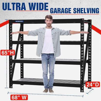 WORKPRO 68" Ultra Wide 4-Tier Metal Garage Shelving Unit, 68" W x 24" D x 65" H, 7200 LBS Capacity, Heavy Duty Storage Utility Rack, Industrial Adjustable Shelves for Shop Basement Fish Tank, 2 Pack
