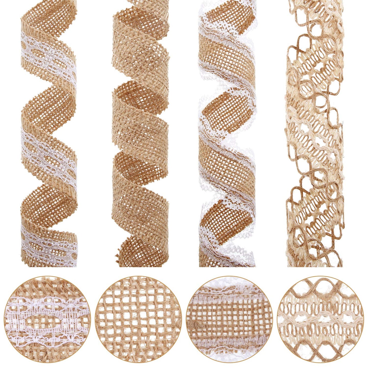 WILLBOND 4 Rolls Burlap Ribbon Lace Roll Crafts Ribbon with 32 Feet Twine Rope for Wedding Rustic Decoration DIY Handmade Crafts, 5.5 Yards for Each