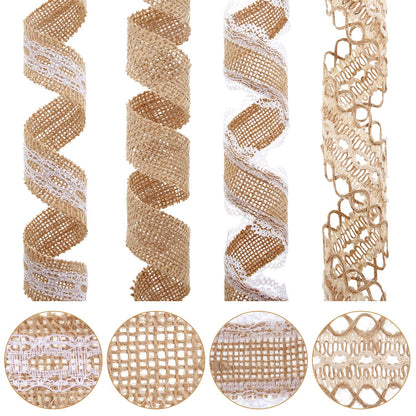 WILLBOND 4 Rolls Burlap Ribbon Lace Roll Crafts Ribbon with 32 Feet Twine Rope for Wedding Rustic Decoration DIY Handmade Crafts, 5.5 Yards for Each