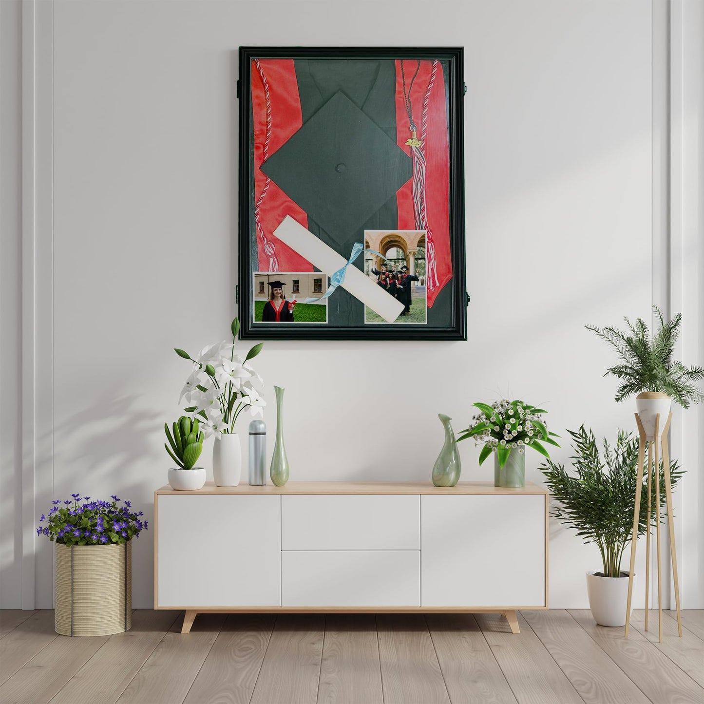 Graduation Shadow Box Frame 17"x23" Graduation Gown Display Wood Case with Velvet Back for Cap Gown Diploma Stole Cords Awards Medals Photos Pictures,Black