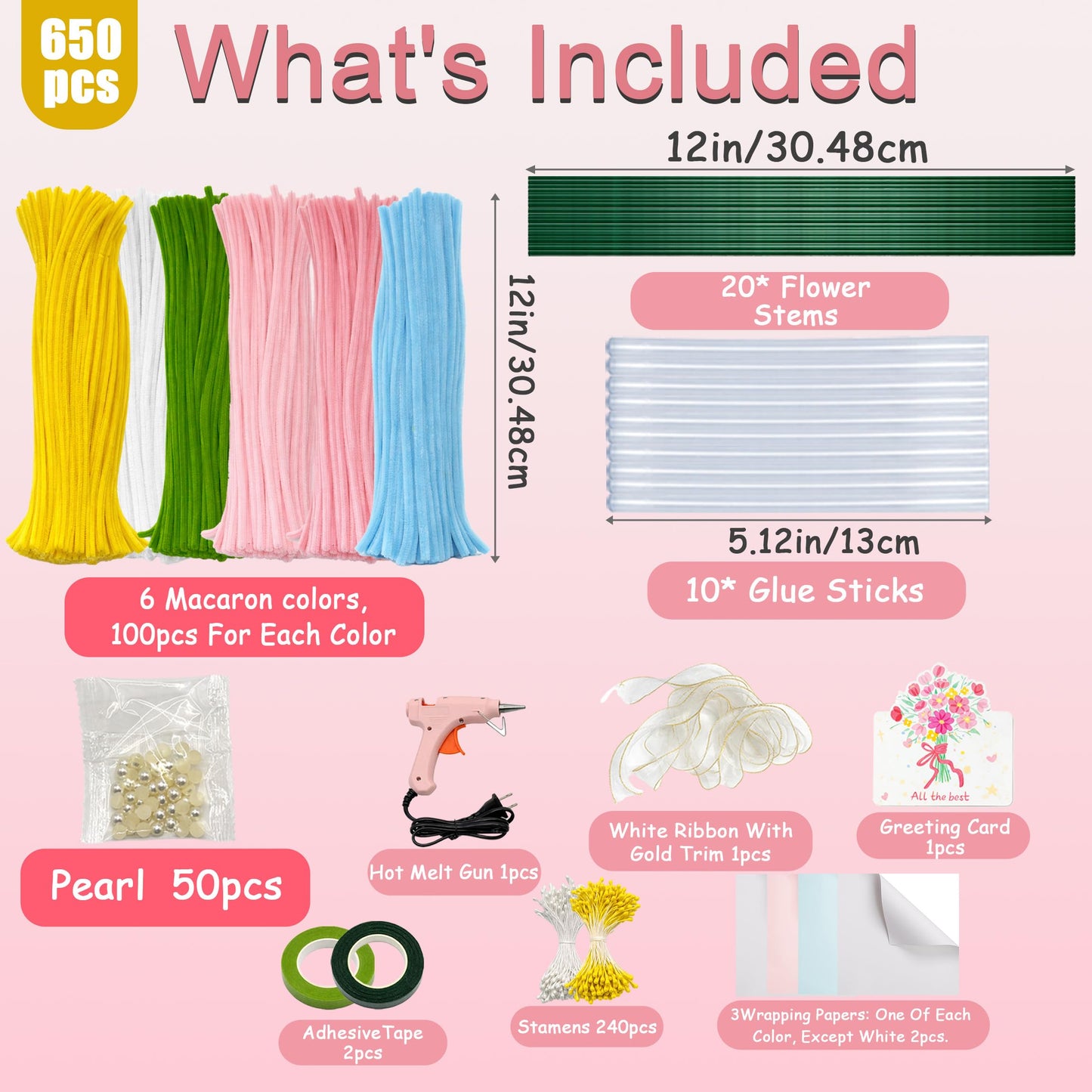Party Rose 650PCS Pipe Cleaners Craft, Pipe Cleaner Bulk Flower Kit, 6 Colors Chenille Stems Flower Making Kit with Floral Wires, Gardening Tape, Stamens