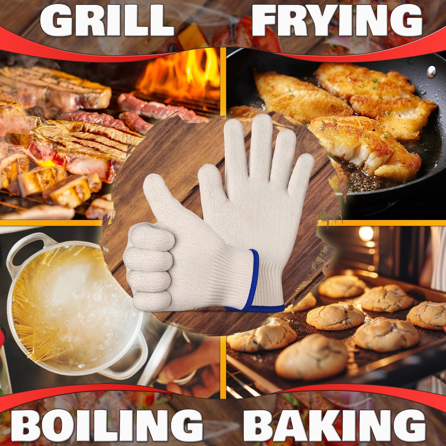 Heat Resistant Gloves for Cooking & Grilling – Aramid Oven Mitts Gloves with Fingers, Thick Knit Design Ensures Short-Term Hand Protection up to 932°F – Secure Grip for Baking, Fryer, and BBQ