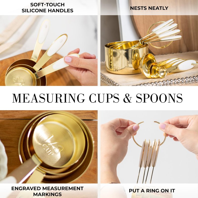 Styled Settings White and Gold Kitchen Utensils Set - 15-Piece BPA free, Non-Scratch, Utensils Set Includes White Silicone Cooking Utensils and Measuring Cups and Spoons
