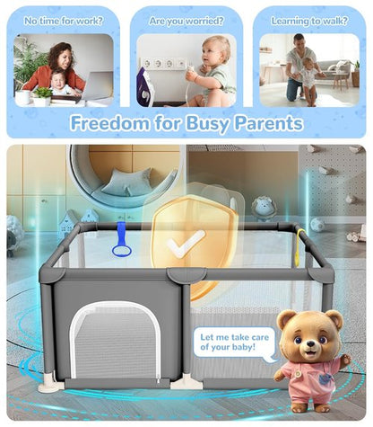 Dripex Baby Playpen - 47"x47" Safe Indoor & Outdoor Play Yard with Soft Mesh & Easy Setup - Grey