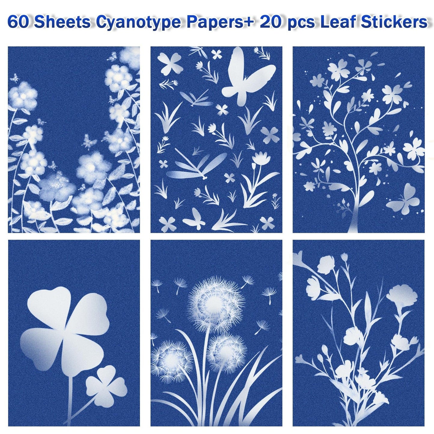LIGHOON 60 PCS Cyanotype Sun Print Kit, A5 Sensitive Solar Art Paper Kit with 20 Pcs Leaf Sticker for DIY Arts Crafts Projects