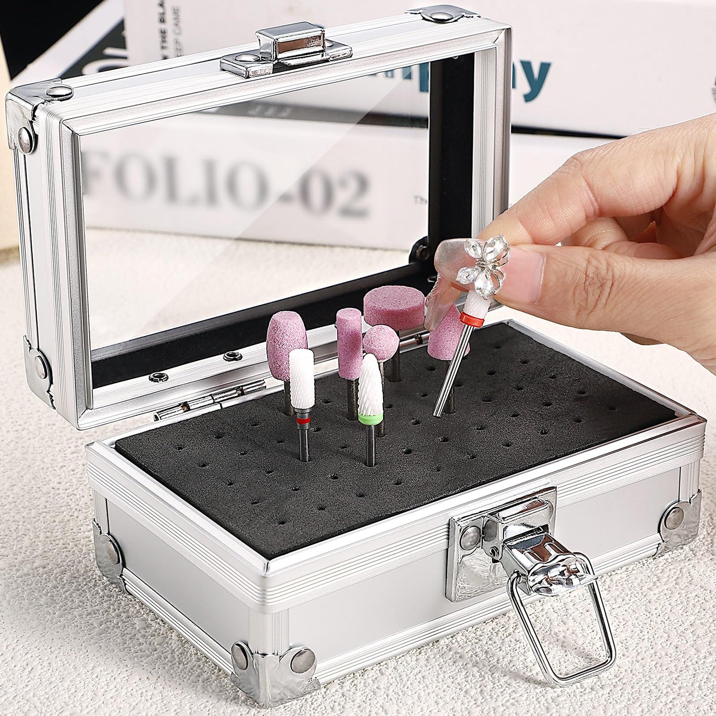 Noverlife 50 Holes Nail Drill Bit Holder Case, Professional Polishing Heads Holder Organizer, Silver Bit Storage Box, Large Display Container for Salon Grinding Head