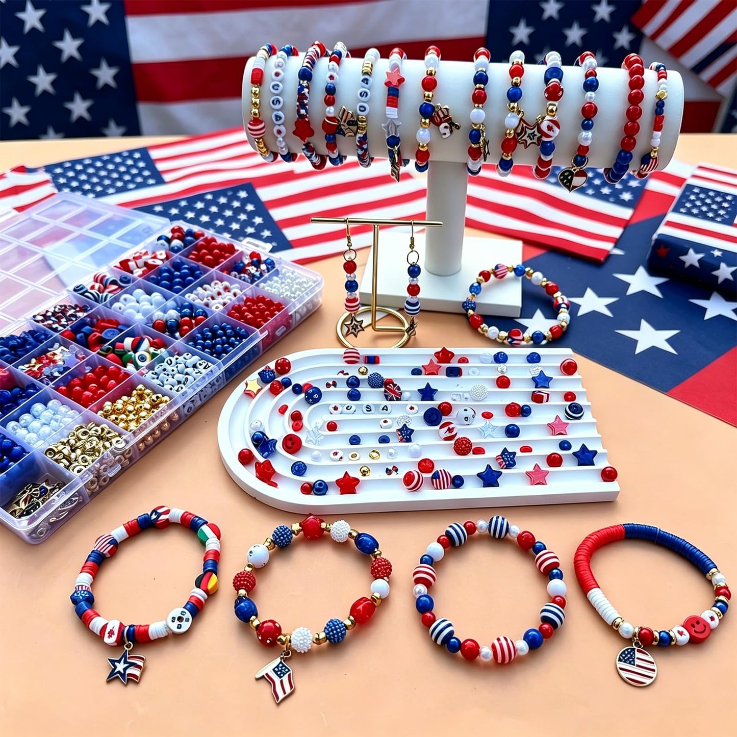 2100Pcs 4th of July Patriotic Beads Kit, Independence Day Bead Red White and Blue Polymer Clay Beads for Bracelets Jewelry Making Acrylic Round Star Letter Loose Beads with USA Patriotic Star Charms