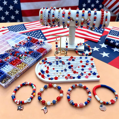 2100Pcs 4th of July Patriotic Beads Kit, Independence Day Bead Red White and Blue Polymer Clay Beads for Bracelets Jewelry Making Acrylic Round Star Letter Loose Beads with USA Patriotic Star Charms