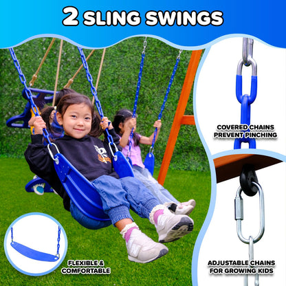 Sportspower Madison Cedar Wooden Swing Set: 2 Height Adjustable Swings and 2 Person Roman Glider Swing, Backyard Outdoor Playset for Kids