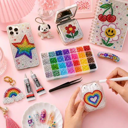 Vexorith Anti-Spill Rhinestone Bedazzling Kit, 35000pcs 28-Color High-Shine AB Coating Flatback Resin Rhinestones with B7000 Glue and Tools, Organizer Case for DIY Phone Cases, Clothes, Sneakers
