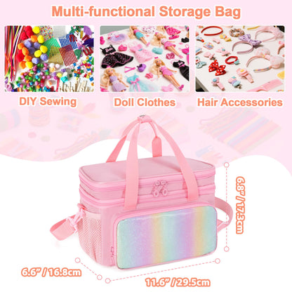 GRAOSO Double Layer Sewing Organizer for Crafts Sewing Supplies, Crafts Accessories Bag, Portable Sewing Box with Handle and Detachable Shoulder Strap, Rainbow Sequins Design, Pink (Case Only)