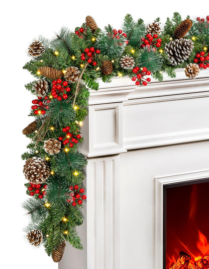 TigeJoy 9FT Luxury Prelit Christmas Garland with Warm White LED Timer Lights, Snow Cedar Garland with Red Berries, Mixed Pinecones, 8 Modes 3AA Battery Operated Xmas Decor for Fireplace Doorway Porch