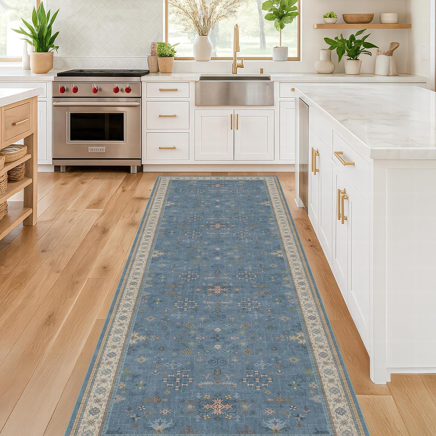 Blue Boho Runner Rug - Washable Non-Slip 2'6''x8' Hallway Rug with Colorful Floral Print