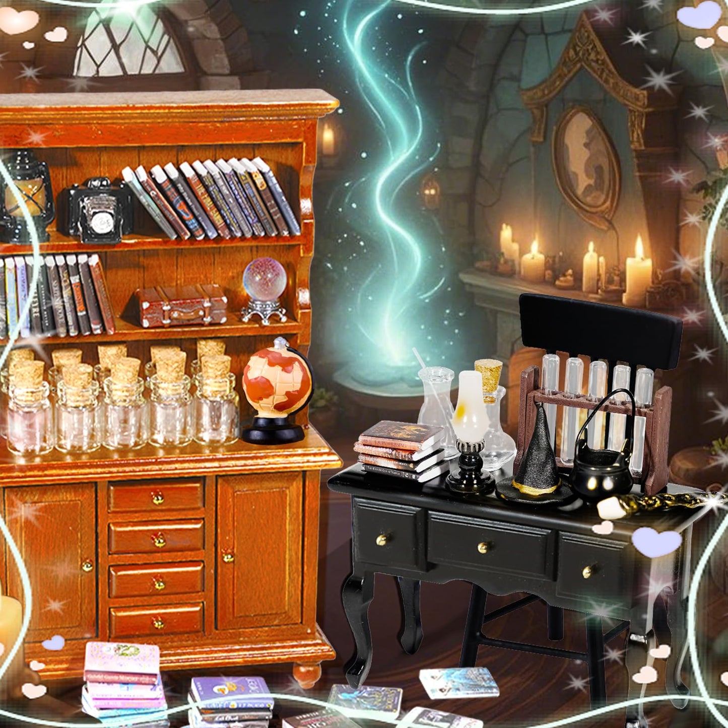 Rileryan 54 Pcs 1:12 Scale Magic Witchy House Kit Halloween Miniatures Furnitures Accessories Mini Wooden Bookshelf Bookcase 30 Mini Books Desk Chair Halloween Decoration Gift