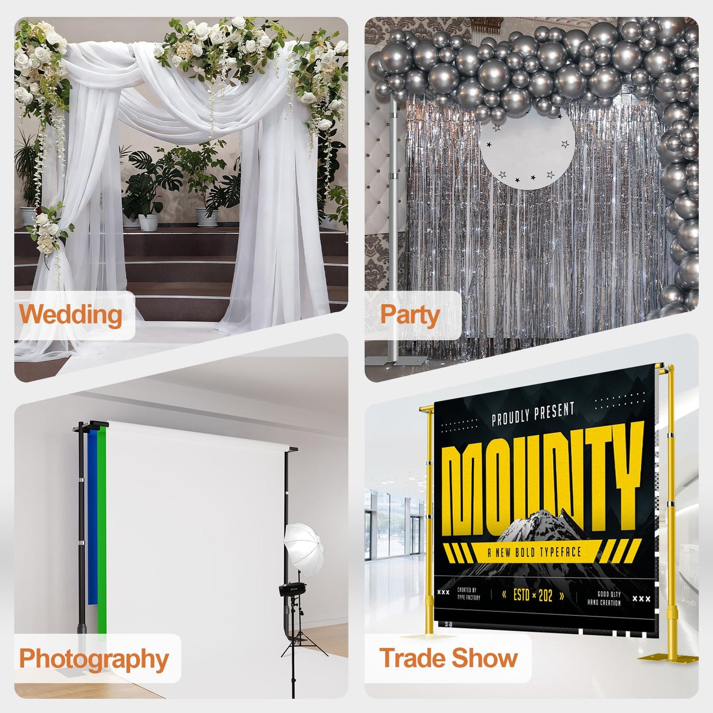 GLOSHOOTING Heavy Duty Backdrop Stand 8.9x10ft, Three Crossbar Pipe and Drape Backdrop Stand Kit, Adjustable Metal Frame, Background Stand Backdrop for Wedding Photography Birthday Party Decorations