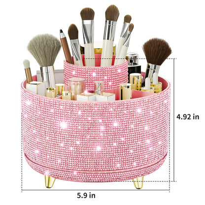fanado Bling Diamond Makeup Brush Holder, 360° Rotating Makeup Organizer, 5 Slot Make up Brushes Cup for Countertop, Storage for Cosmetics Pen Eyeliner Skincare on the Vanity (Diamond Pink)