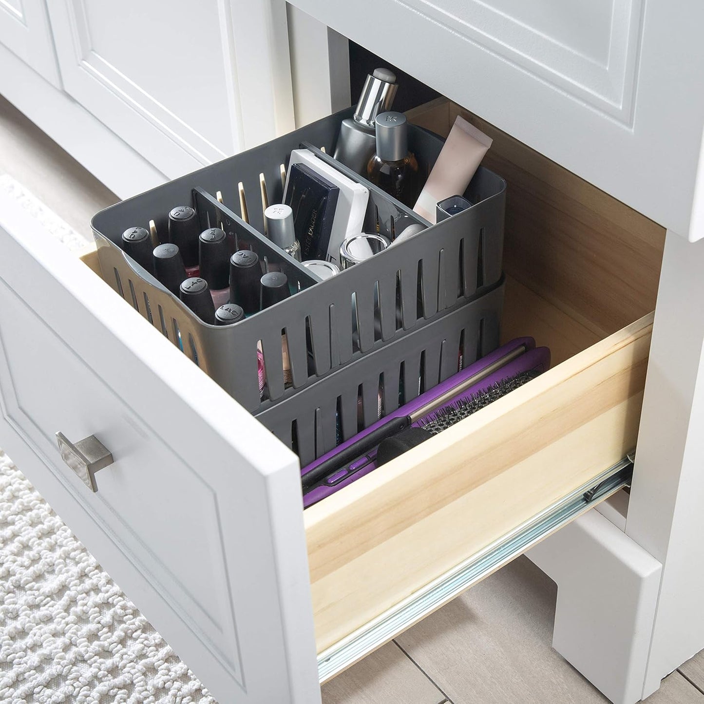 Simplify 3 Compartment Stackable Bin with Adjustable Dividers, Drawer Organizer, Storage Basket for Office, Desk