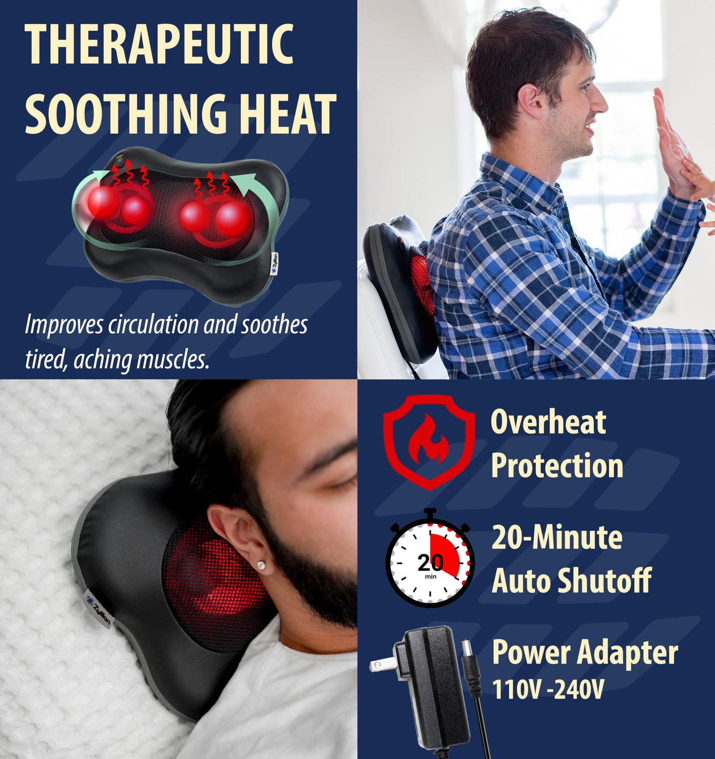 Zyllion Shiatsu Back and Neck Massager with Heat (FSA HSA Eligible) Cordless Rechargeable 3D Electric Kneading Deep Tissue Massage Pillow for Muscle Pain Relief on Shoulder, Leg, Foot ZMA-13RB