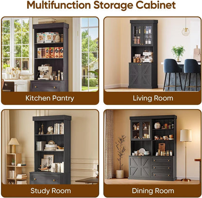 71" Black Farmhouse Kitchen Pantry Cabinet Set of 4— Freestanding Coffee Bar with Glass Doors or Drawers, Microwave Stand, Large Storage Hutch with Adjustable Shelves for Kitchen, Living Room