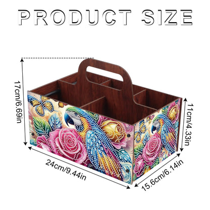 DIY Diamond Painting Storage Box Parrot and Rose Design, Diamond Art Wooden Organizer with Handle and 5 Compartments, Portable Desktop Craft Storage Basket for Art Supplies