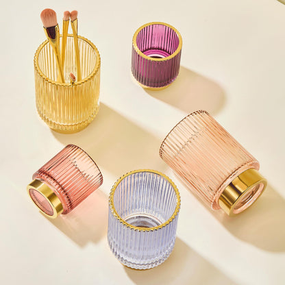 LEICURACE Makeup Brush Holder Organizer,Toothbrush Holders,Desk Pen Pencil Holder,Multifunctional Vintage Glass Brush Cup（L/Gold/A3-7-US）