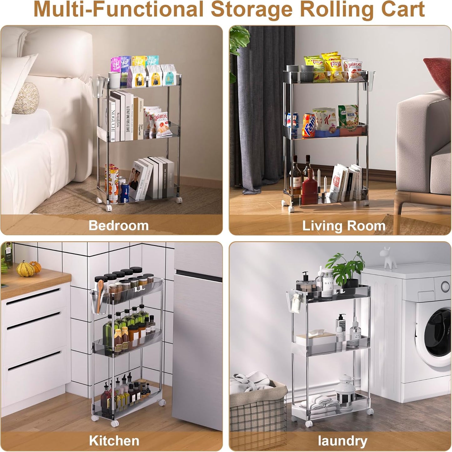 3-Tier 2 VECELO Acrylic Rolling Cart, Utility Cart for Kitchen Storage, Mobile Shelves Slide-Out Organizers