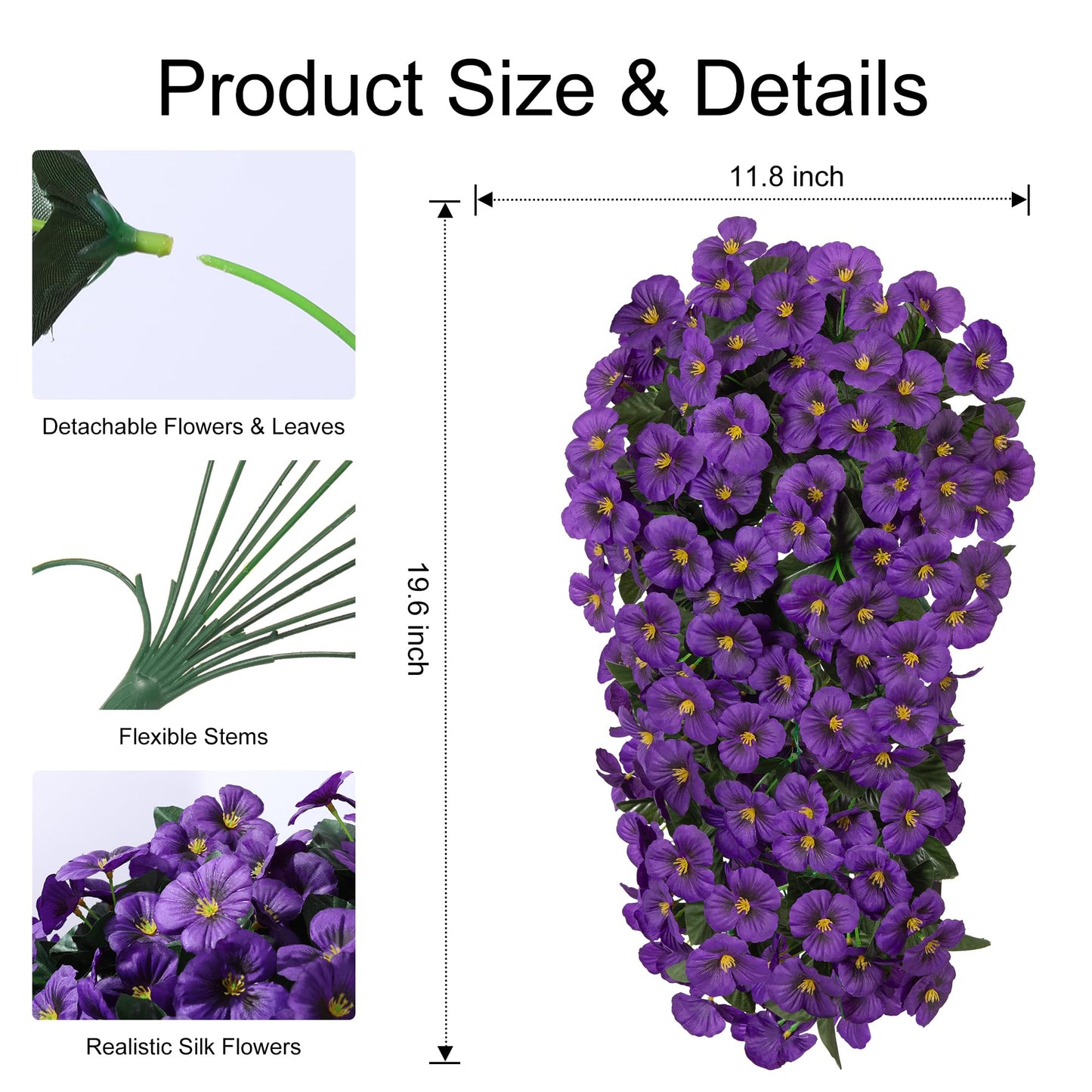 HyeFlora Artificial Flowers for Outdoors, 2pcs Faux Silk Pansies Flowers UV Resistant Fake Hanging Flower Plants for Outside Planters Porch Yard Patio Window Box (Dark Purple)