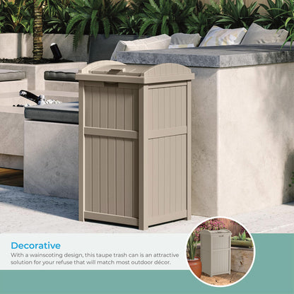 Suncast Hideaway Outdoor Trash Can with Lid - 30 Gallon Trash Can, Light Taupe, Decorative Wicker-Style Garbage Bin, Weather-Resistant Resin Fits 30-33 Gallon Bags, Ideal for Patio & Yard, Made in USA