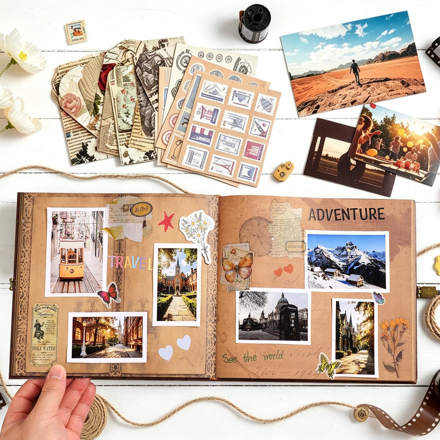 Our Adventure Book 8.9 x 7.9 Inch 80 Pages Scrapbook Photo Album with Scrapbooking Supplies, 3D Retro Embossed Letter Leather Hard Cover Movie Up Travel Journal Memory Book For Couples，Christmas gifts