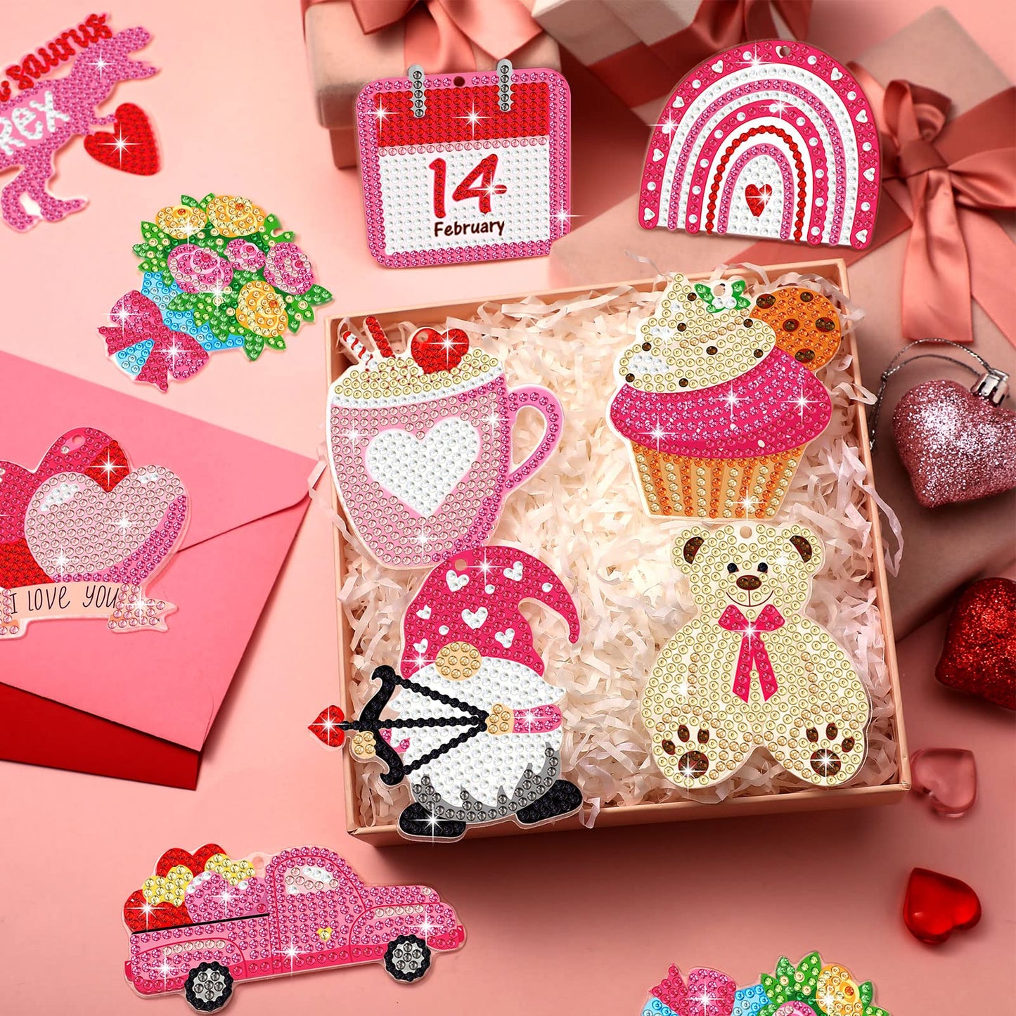 Jetec 20 Pcs Valentine's Day Diamond Painting Keychain Kits 5D DIY Diamond Art Keychain Ornaments Romantic Art Key Ring Pendant Crafts Accessories for Valentine Party Decor Gifts